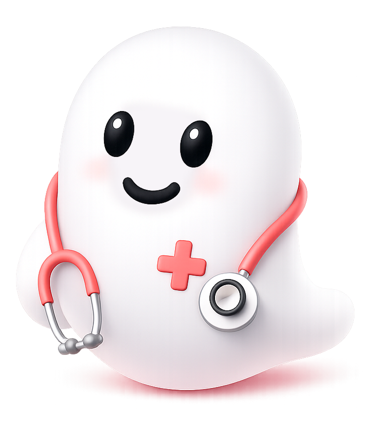 HealthSimple ghost mascot with stethoscope